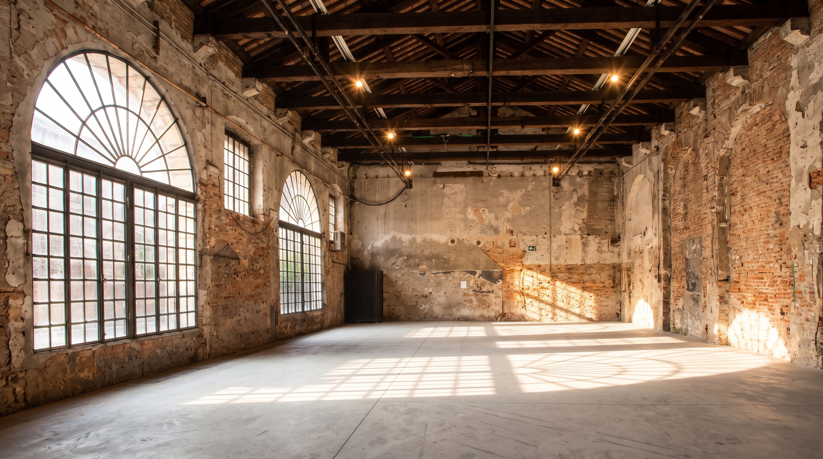Empty brick industrial hall with large arched windows and a sunlit open floor