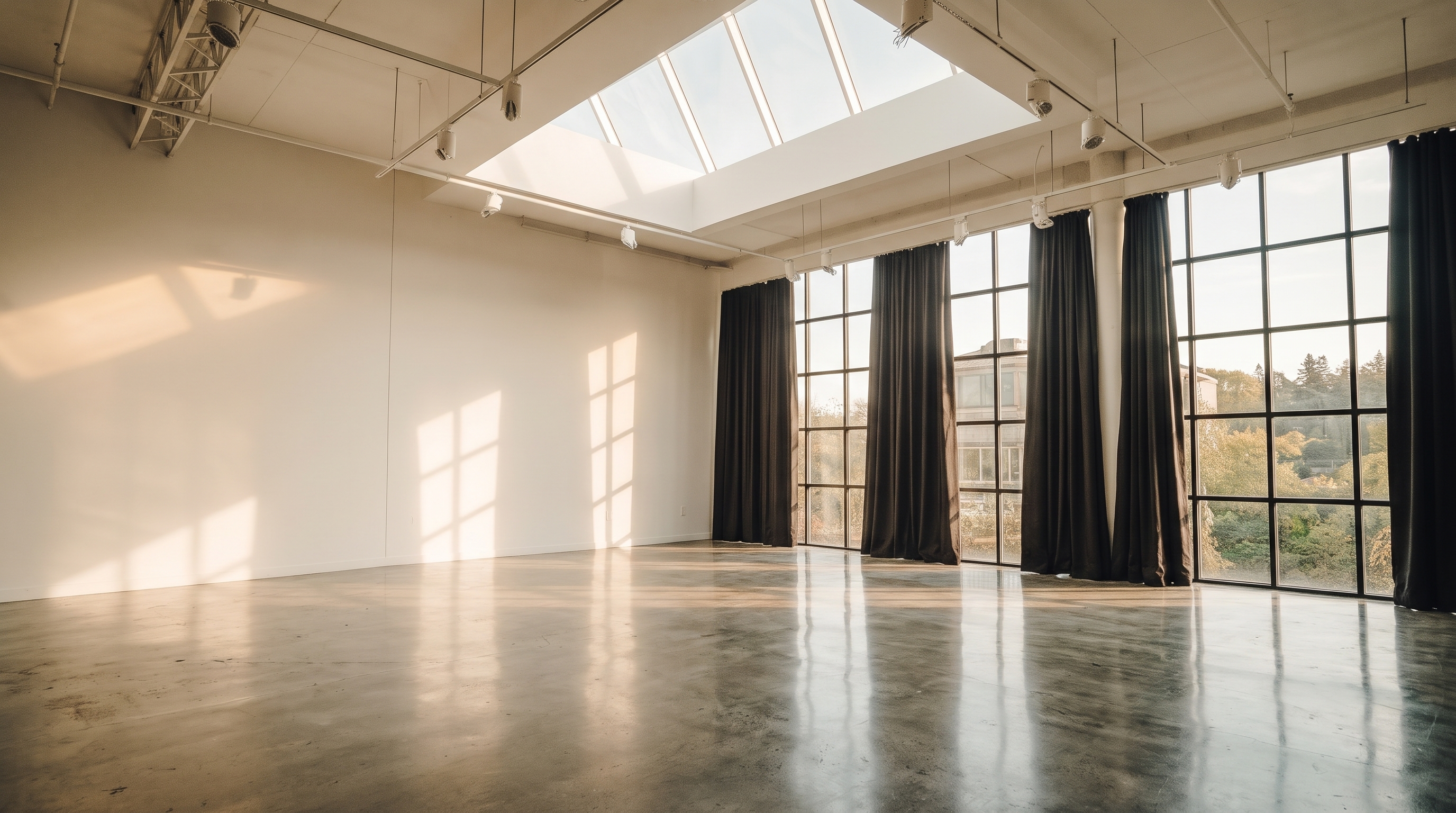 Empty industrial hall with skylights, broad windows and a clear floor